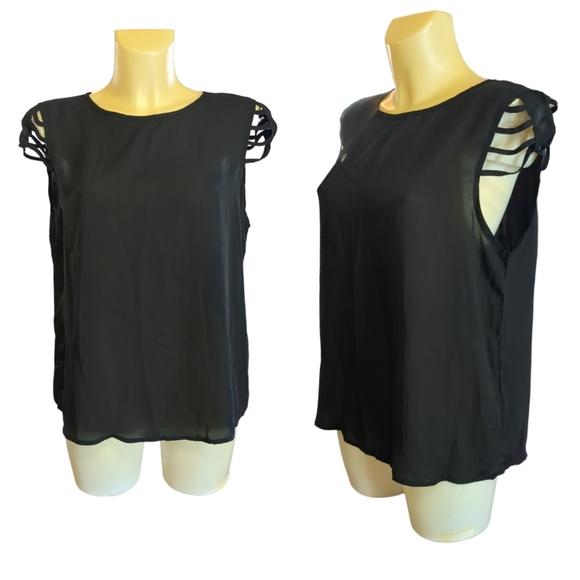 ❗$1 Bundled❗SHEIN Solid Black Semi Sheer Caged Sleeve Blouse - Picture 2 of 5